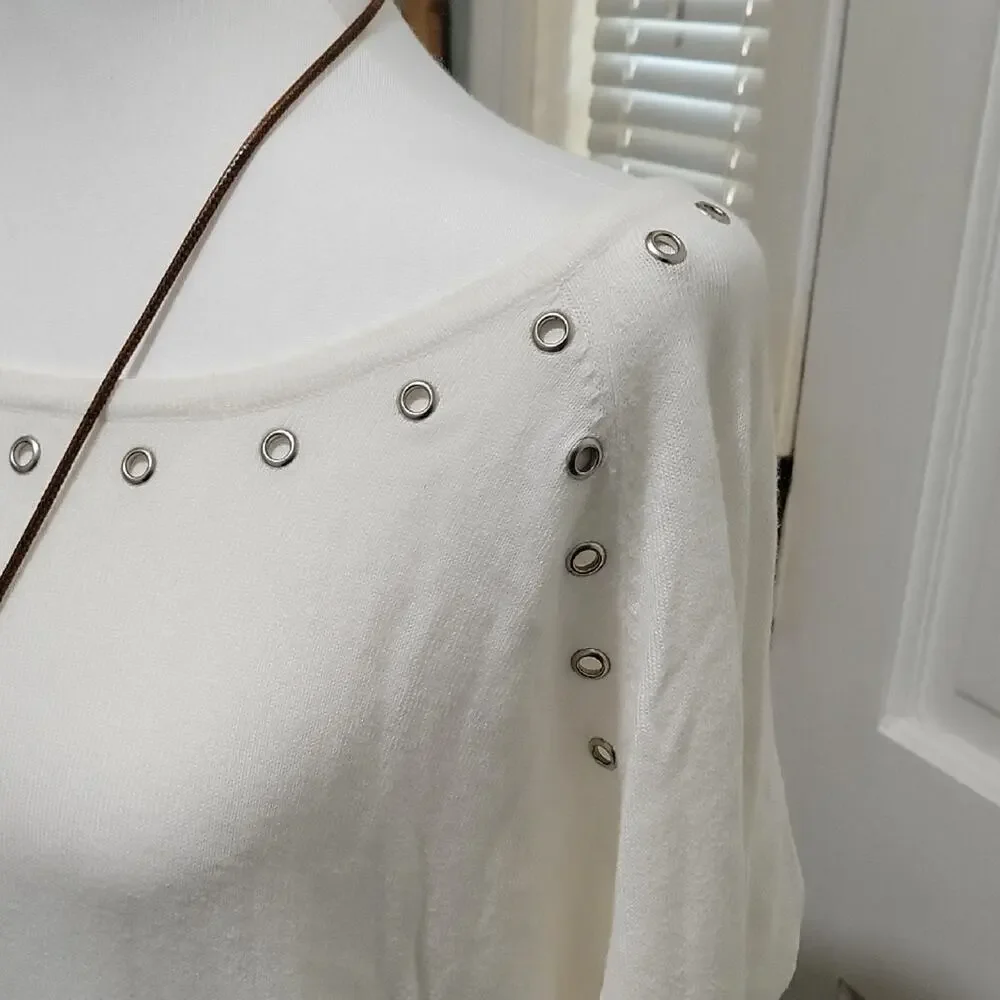 Michael Kors White Eyelet Boat Neck Knit Tunic Lightweight Summer Sweater szXL